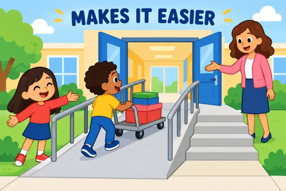 Cartoon pupils open a wide ramp beside school steps, showing facilitate in a sentence as making a way easier.