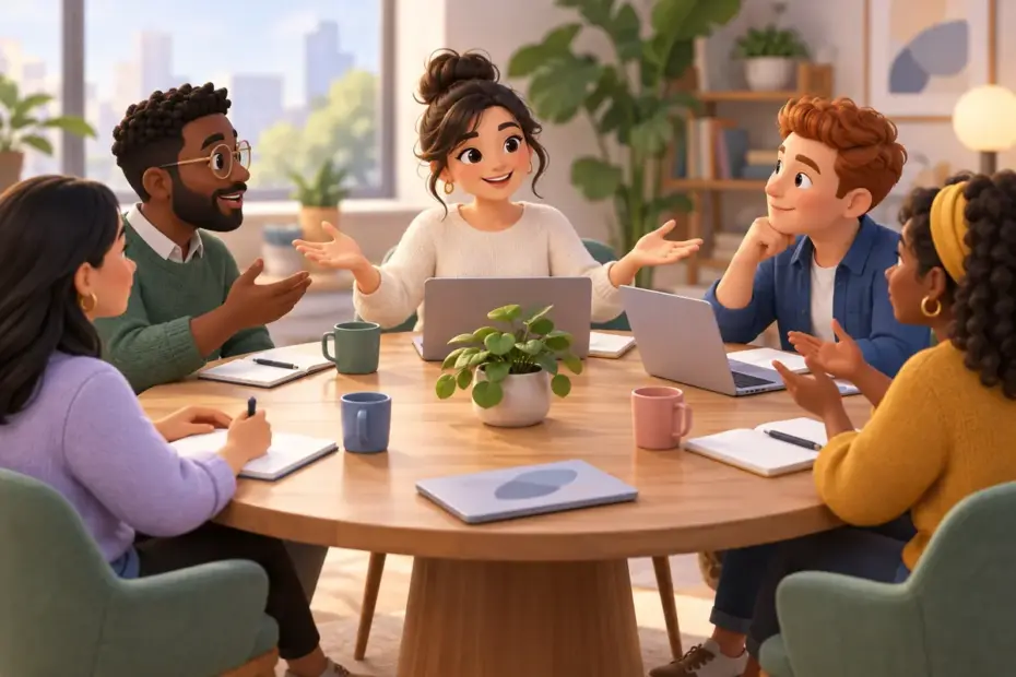 A host helps colleagues take turns in a meeting.