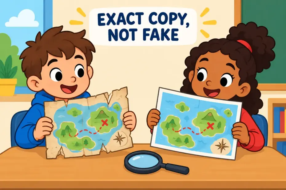 Cartoon pupils compare a folded old map with a clean facsimile copy on a desk, showing facsimile in a sentence as an exact duplicate.