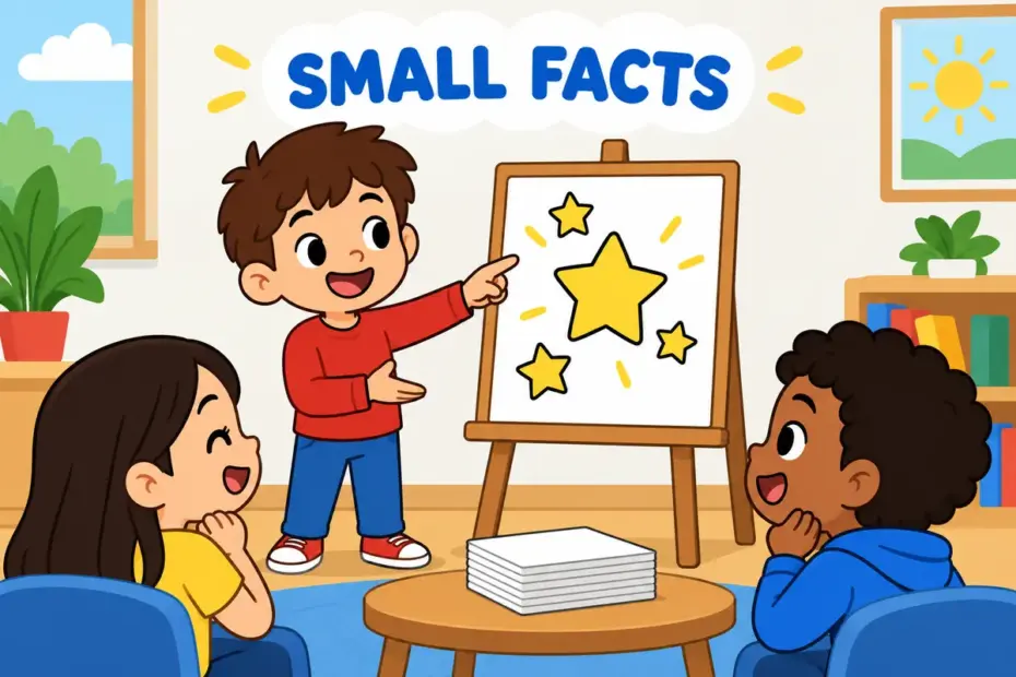 Cartoon pupils share a card of small facts at an easel, showing factoid in a sentence as a minor item of information.