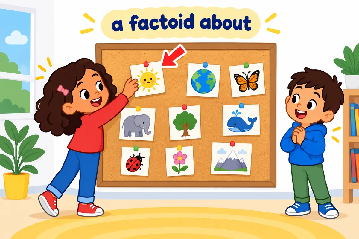 A cartoon child pins a small card reading about bees onto a large board covered in similar cards.