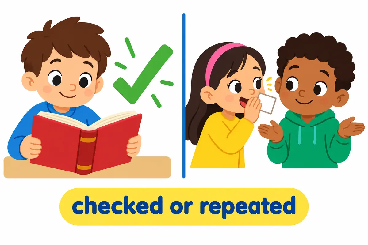 A cartoon split scene contrasts a child reading a thick book with a child passing along a small note.