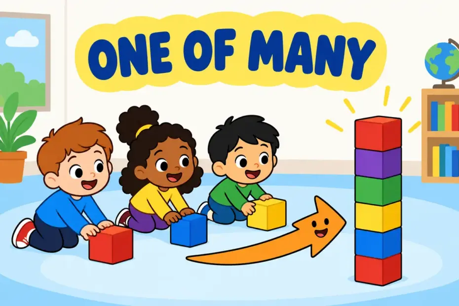 Cartoon children place different blocks into a row beside a result tower, showing factor in a sentence as one influence among several.