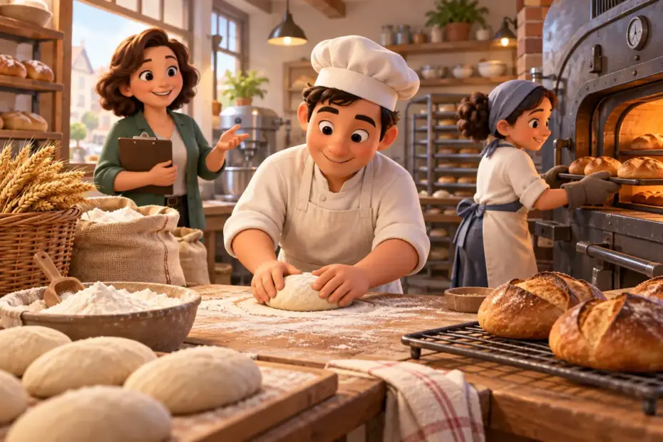 A bakery owner coordinates a worker, ovens, and natural ingredients as bread is made.