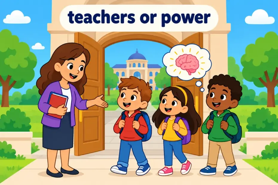 Cartoon students and a teacher gather at a university door, showing faculty in a sentence as the teaching group.