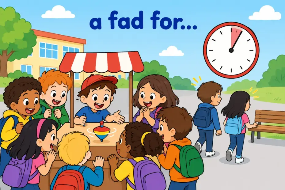Cartoon pupils crowd a toy stall for fad in a sentence, showing a short-lived craze that soon fades away.