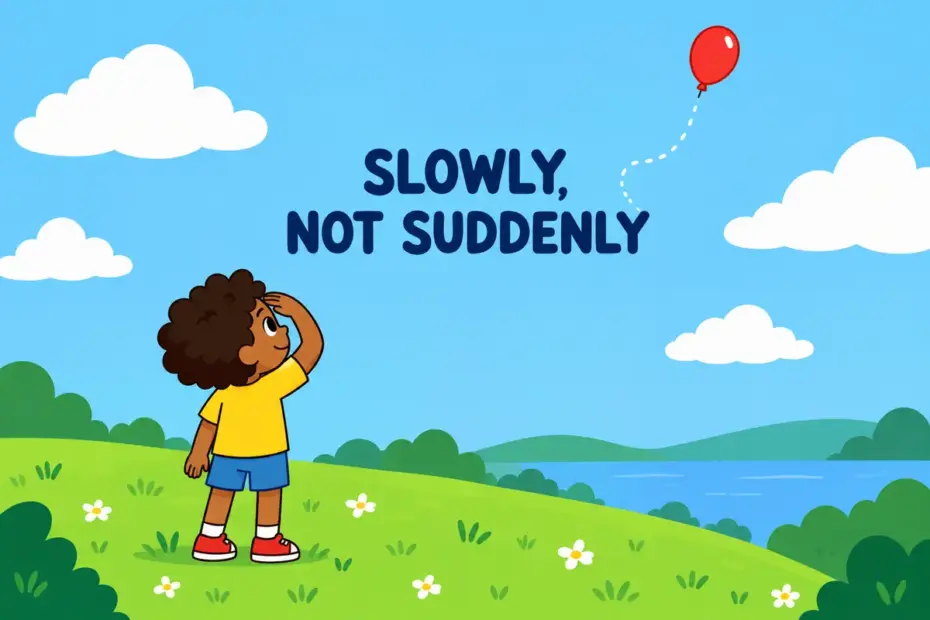 A cartoon child watches a balloon drift and shrink into the distance, showing fade away in a sentence as a gradual disappearing.