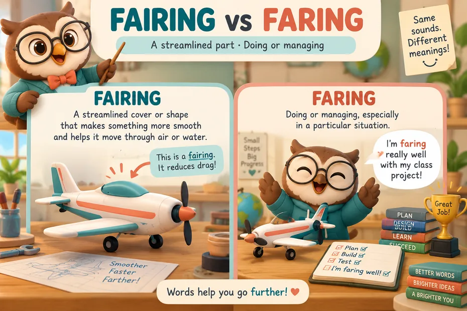 Fairing names a streamlined part; faring describes doing or managing.