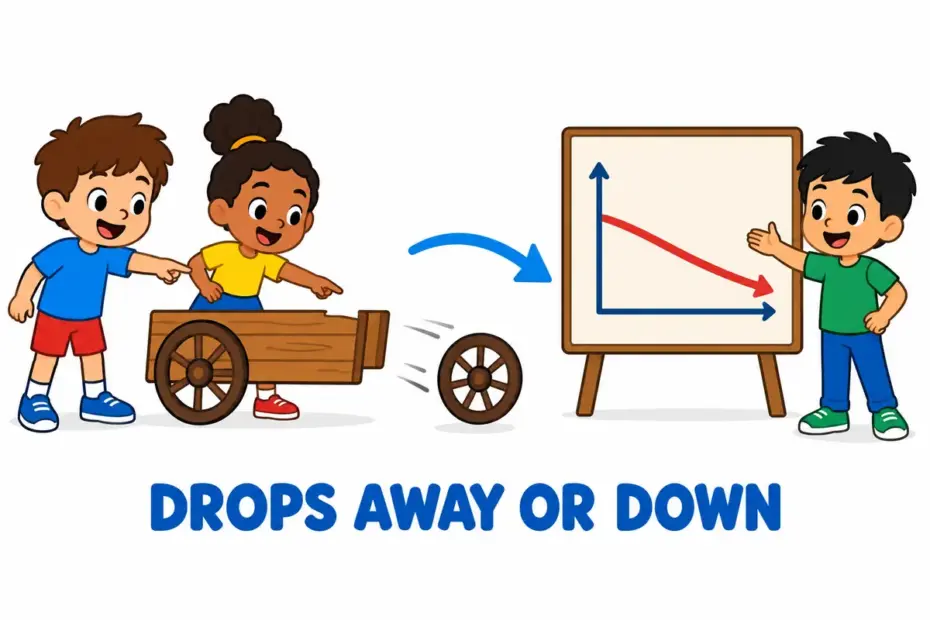Cartoon children watch a wheel fall off a cart beside a chart line sliding down, showing fall off in a sentence as dropping or decreasing.