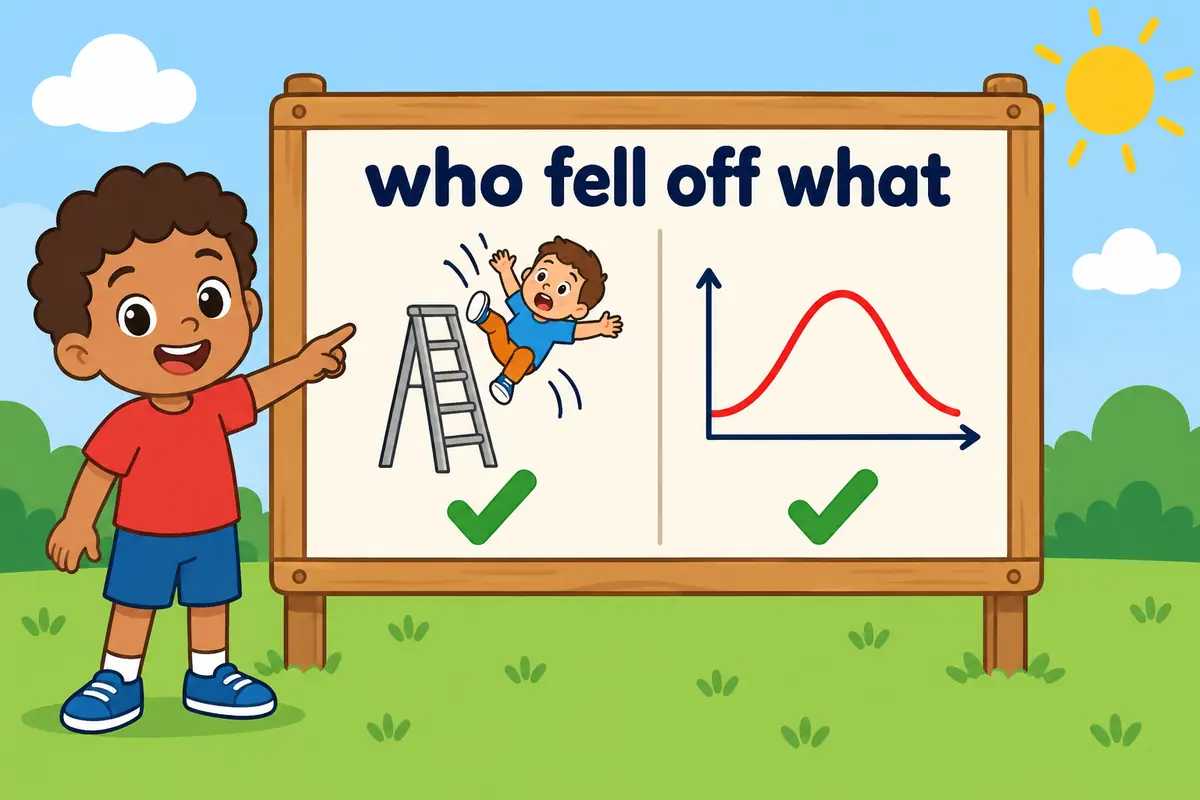 A cartoon board contrasts a child falling off a ladder with a sales chart standing alone, showing when fall off names a surface.