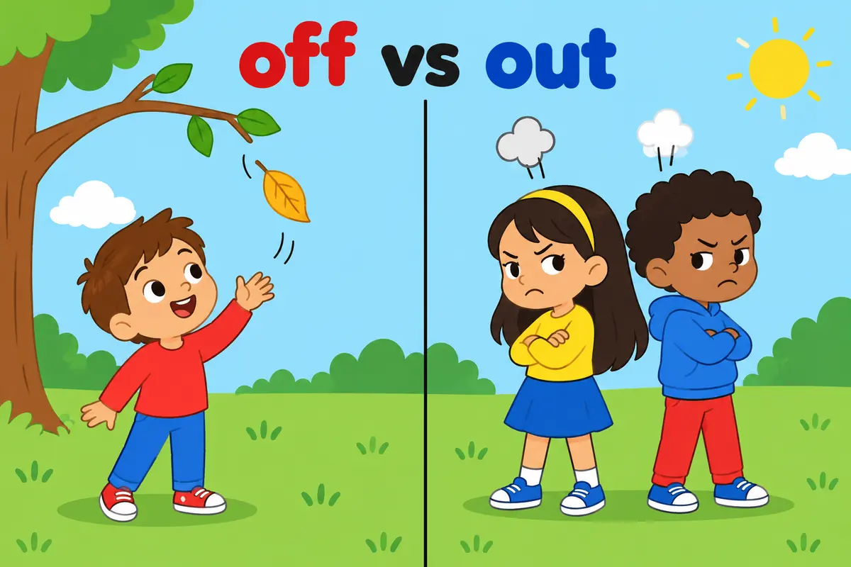 A cartoon split scene contrasts a leaf falling off a branch with two children turning away from each other after a disagreement.