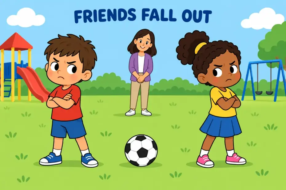 Cartoon pupils stand apart after a disagreement, showing fall out in a sentence as friends quarrelling and turning away.