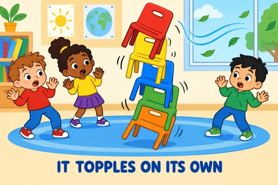 Cartoon children watch a tall stack of classroom chairs fall over by itself, showing fall over in a sentence as an intransitive tumble.