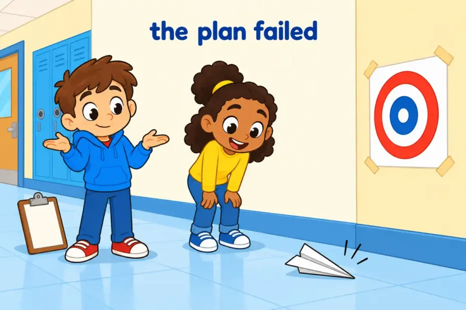 Cartoon children watch a paper plane fall short of a target, showing fall through in a sentence as a plan that fails.