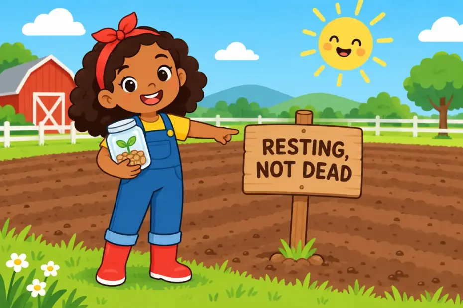 A cartoon field rests with a small sign and seed jar, showing fallow in a sentence as land recovering in a planned pause.