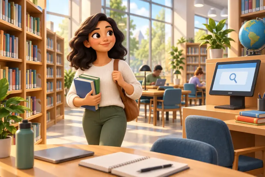 A learner confidently recognizes tools and resources while exploring a library study space.