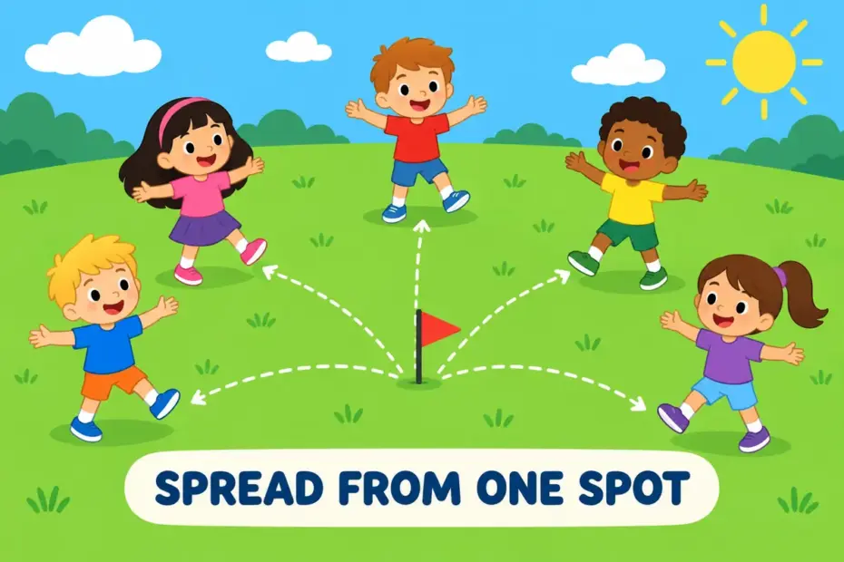Cartoon children step outward in an arc from a single flag on a field, showing fan out as spreading from one point.