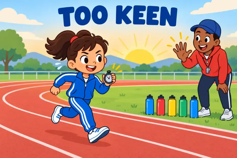 Cartoon child trains with a stopwatch at dawn, showing fanatic in a sentence as enthusiasm beyond the reasonable.