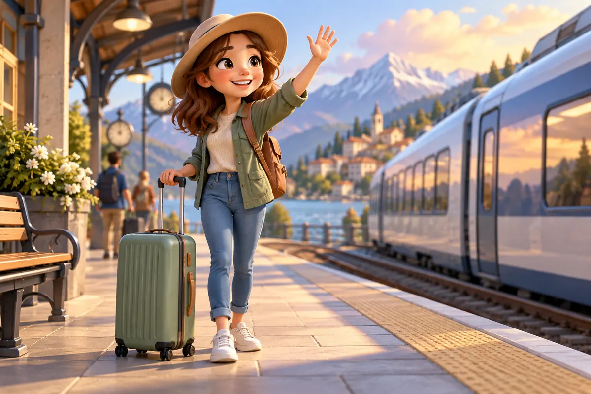 A traveler waves from a station platform beside a suitcase.
