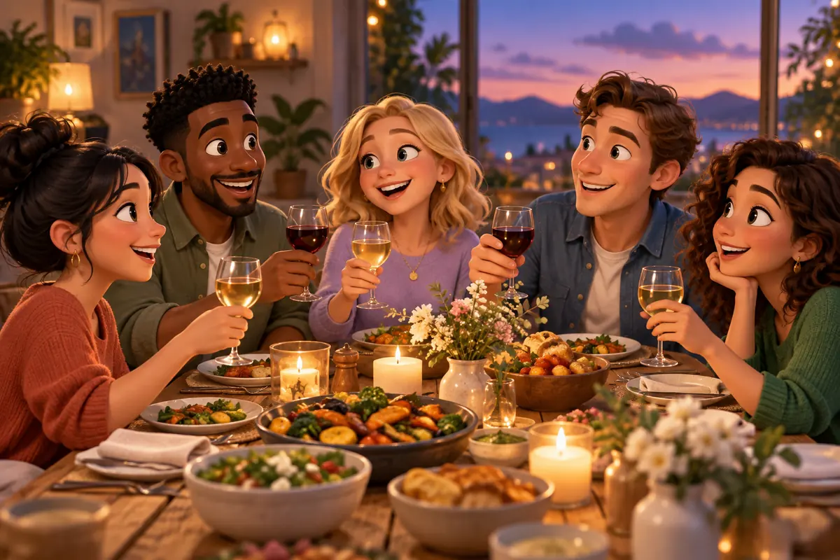 Friends sit around a decorated dinner table.