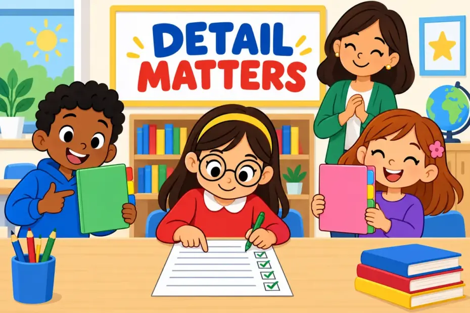 Cartoon pupils line up neat labelled folders while a fastidious child checks every corner of a worksheet for errors.