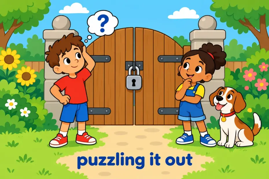 Cartoon children study a tall locked gate with a question-mark bubble above it, illustrating fathom in a sentence as working out a puzzle.