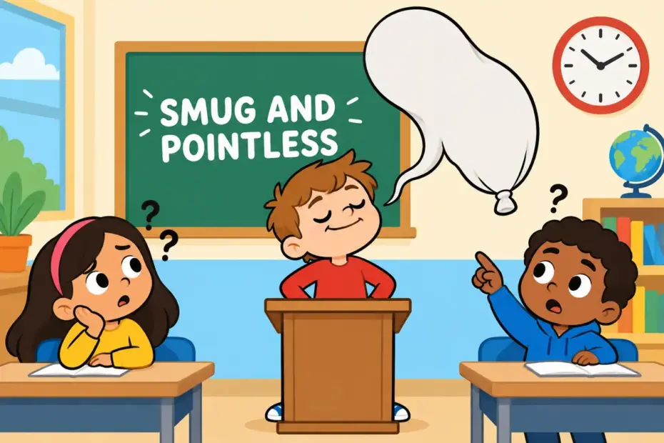 Cartoon children watch a smug classmate float an empty speech bubble, showing fatuous in a sentence as foolish.