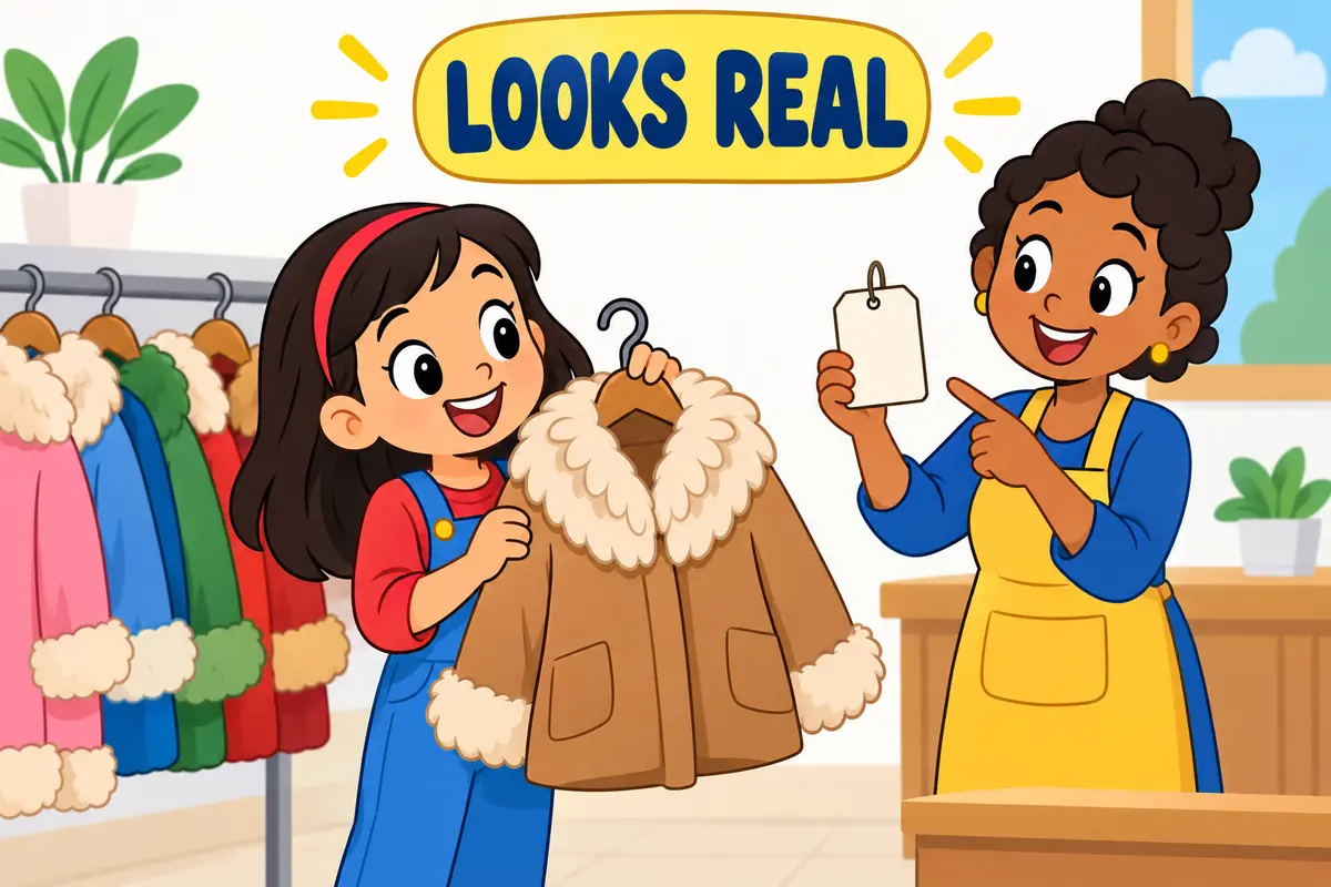 Cartoon children admire a jacket made of faux fur beside a label card, illustrating faux in a sentence.
