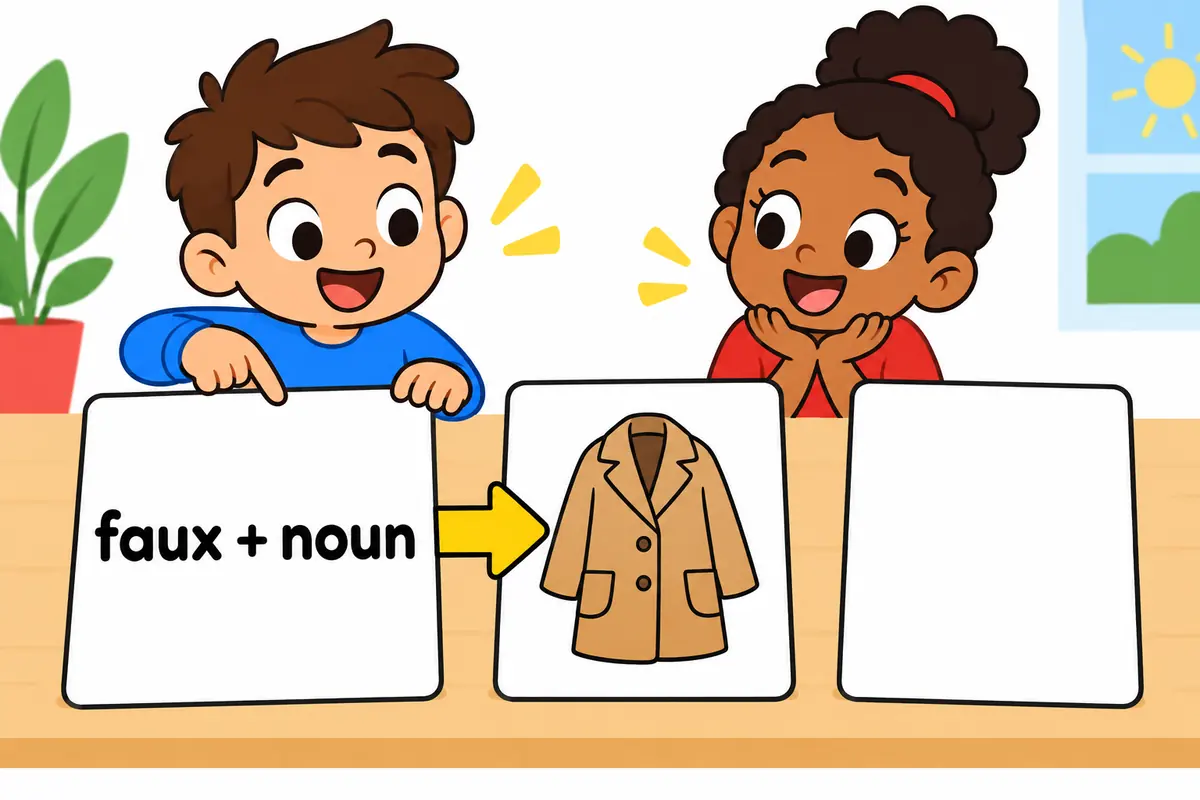 A cartoon jacket card sits in front of a label card to show faux always precedes its noun.