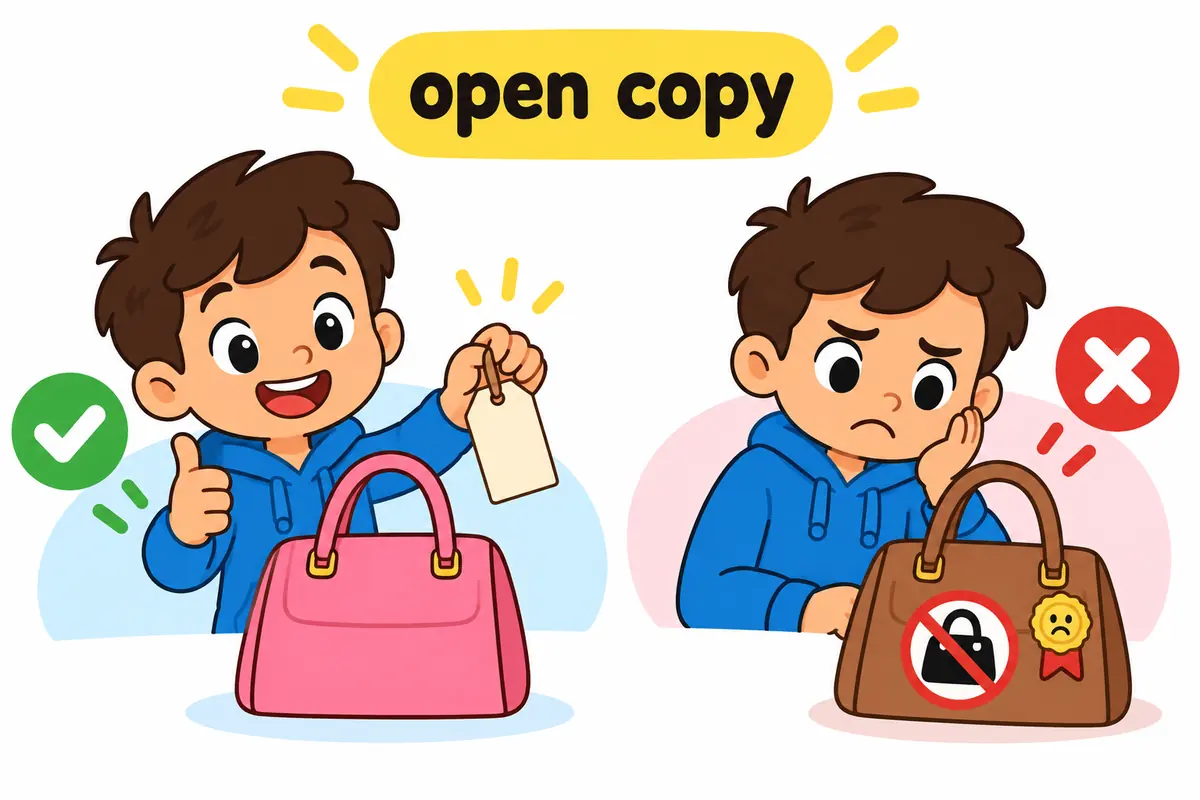 A cartoon shopper weighs a real leather card against an imitation card on a small balance.