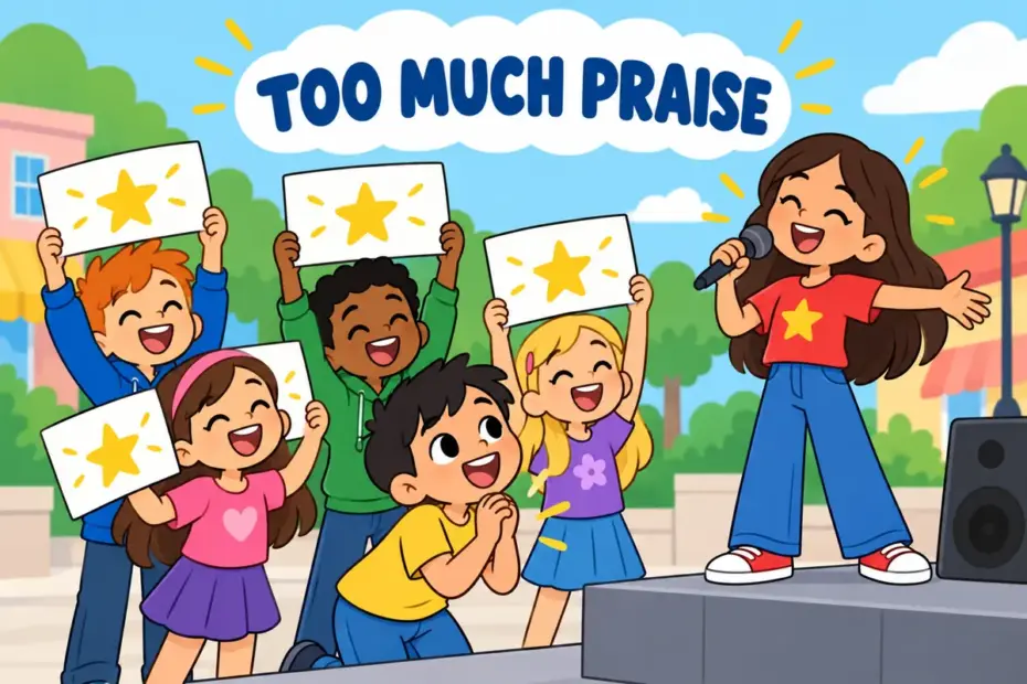 Cartoon fans crowd a smiling singer with signs, showing fawn over in a sentence as exaggerated admiration.