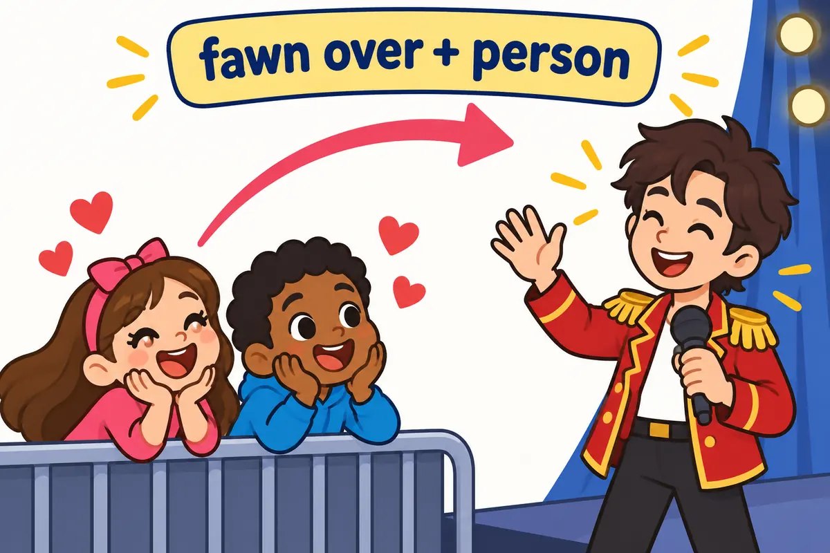 A cartoon crowd of fans leans toward a smiling singer while an arrow points to the object placed after the phrase fawn over.
