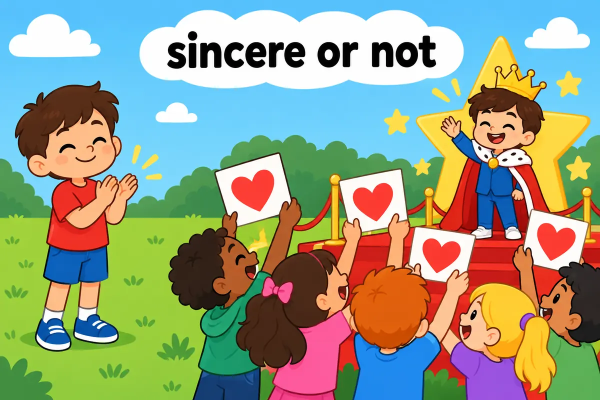 A single unified cartoon scene contrasts a sincere child clapping warmly with a crowd crowding a star and waving oversized signs.