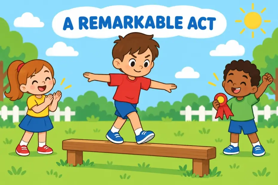 Cartoon child balances high on a wobbling beam while friends cheer, showing feat in a sentence as a remarkable achievement.