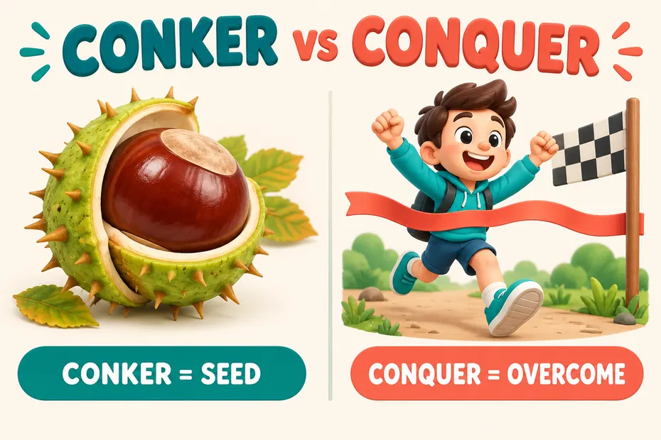 Conker is a horse chestnut seed; conquer means overcome.