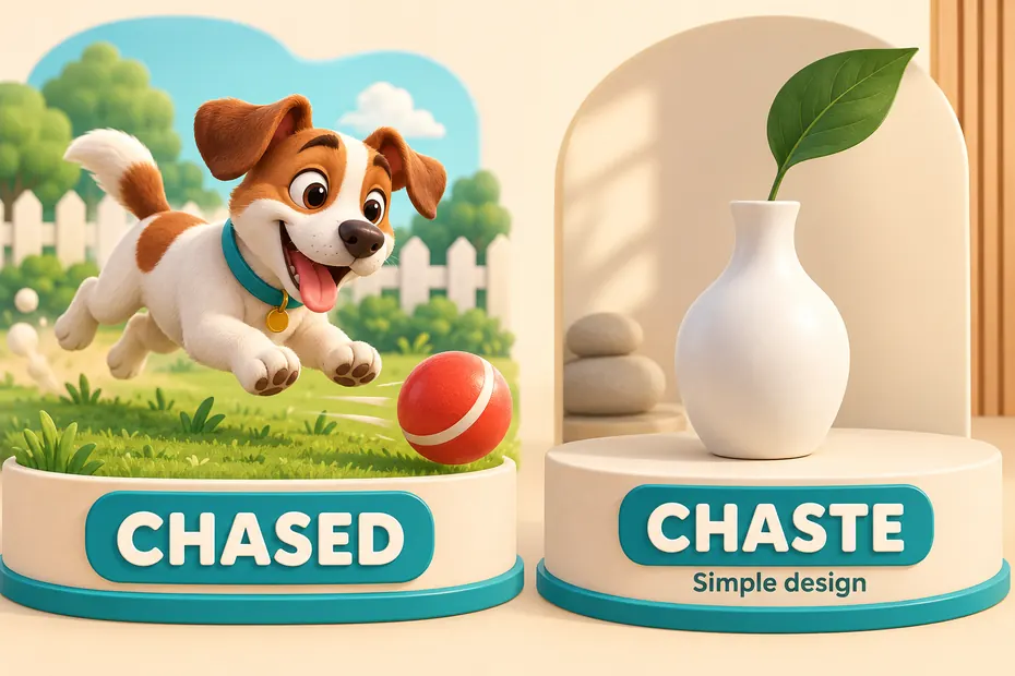 Chased describes pursuit; chaste can describe simple design.