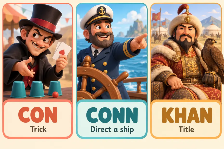 Con, conn and khan have different meanings depending on context.