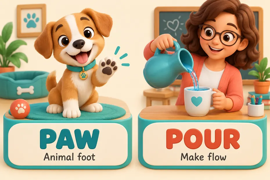 Paw names an animal foot; pour describes a flowing action.