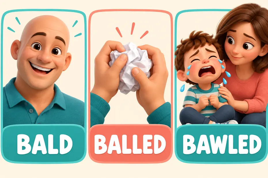 Bald describes missing hair; balled means formed a ball; bawled means cried loudly.