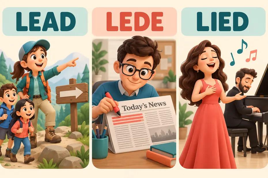 Lead can mean guide, lede names a news opening and Lied can name an art song.
