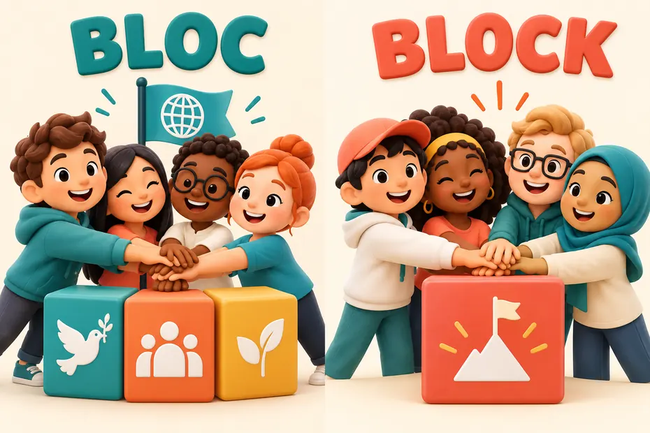 Bloc commonly names a shared-purpose group; block can name a piece of material.