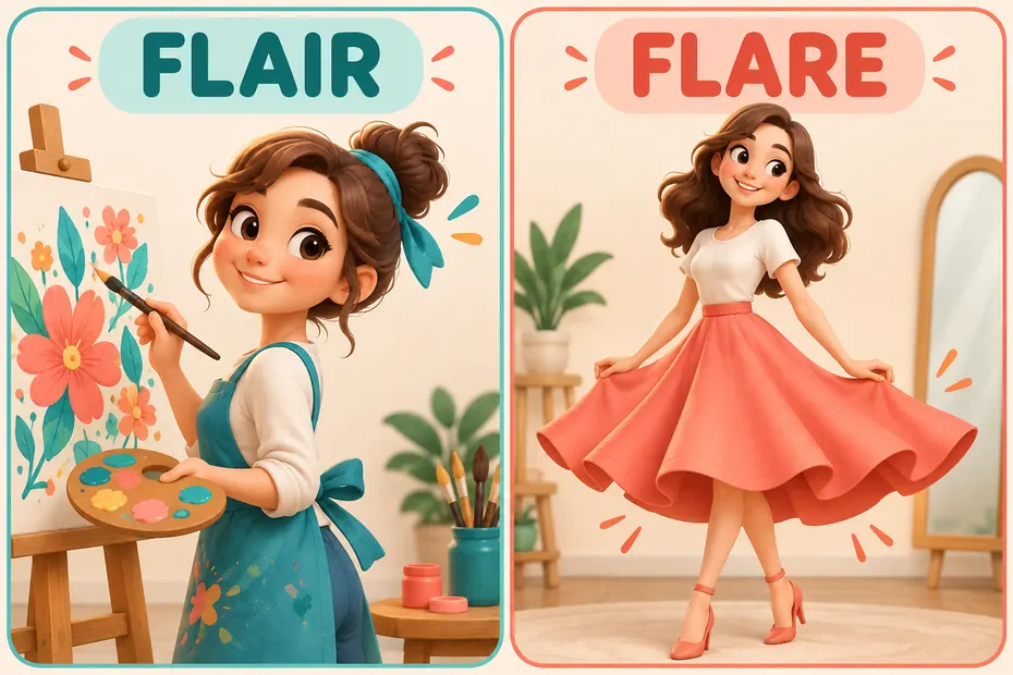 Flair concerns talent or style; flare can describe outward spreading.