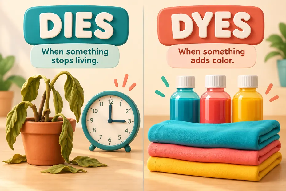 Dies can mean stops living; dyes concerns coloring.