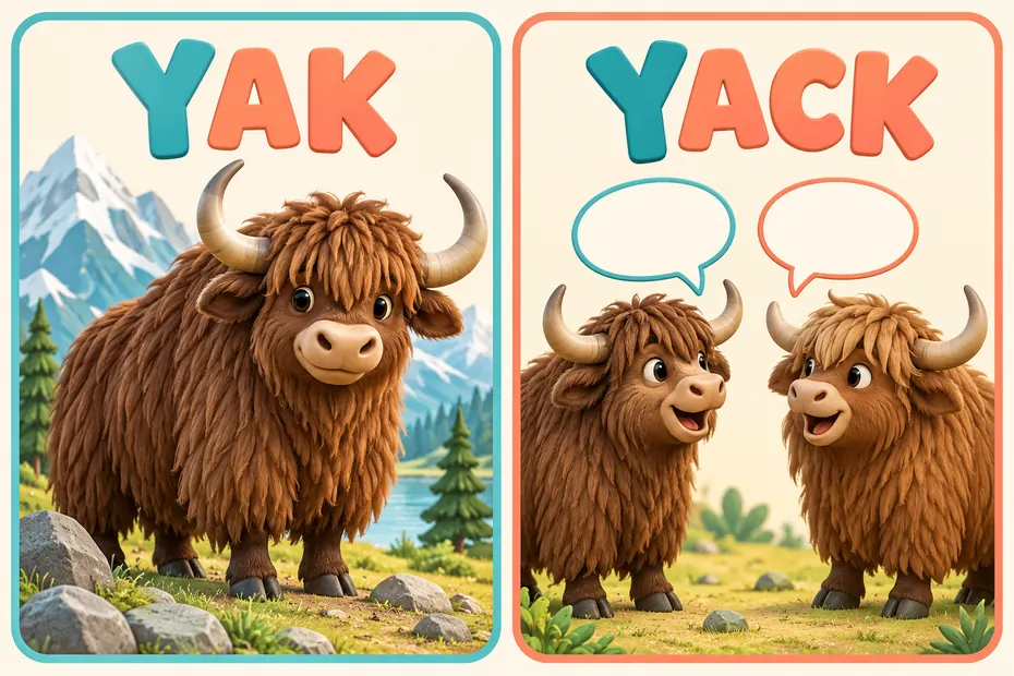Yak names an animal; yak and yack can name informal chatter.