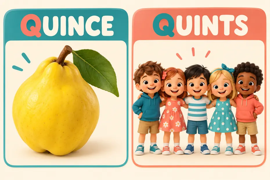Quince names a fruit or tree; quints commonly names quintuplets.