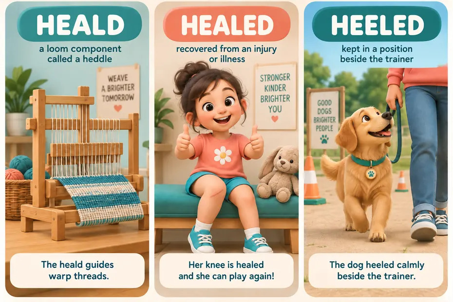 Heald names a loom component, healed means recovered, and heeled can describe a dog following closely.