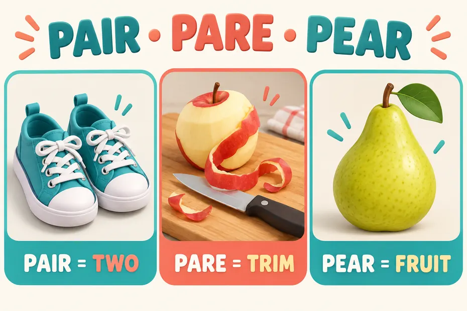 Pair means two; pare means trim; pear means fruit.