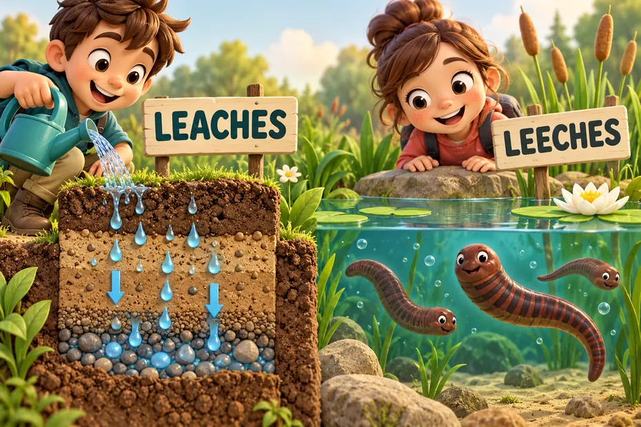 Leaches describes extraction through liquid; leeches usually names worms.