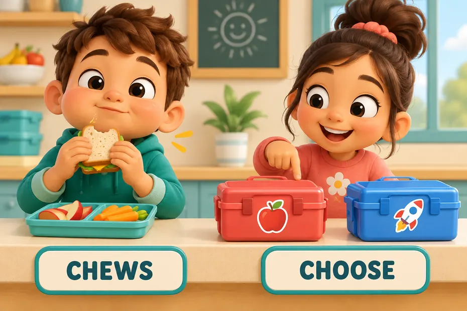 Chews describes biting; choose means select.