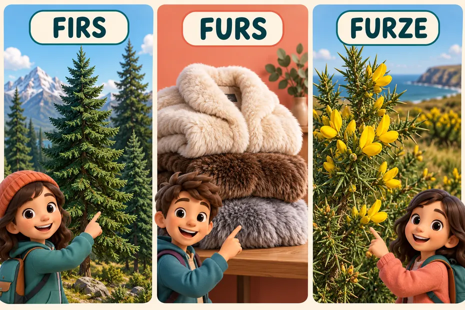 Firs names trees, furs can name garments, and furze means gorse.